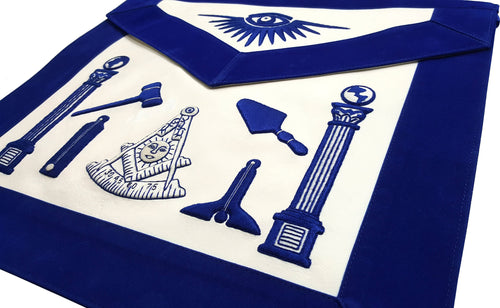 Past Master Blue Lodge Apron – Hand Embroidered with White Silk Threads – detail 2