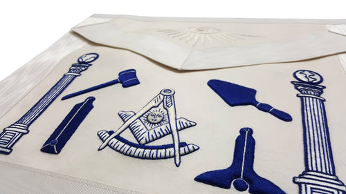 Past Master Blue Lodge Apron – Hand Embroidered Royal Blue & White Silk Thread. – detail 2