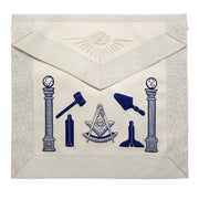 Past Master Blue Lodge Apron – Hand Embroidered Royal Blue & White Silk Thread.