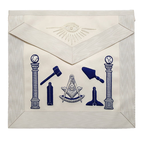 Past Master Blue Lodge Apron – Hand Embroidered Royal Blue & White Silk Thread. – product view