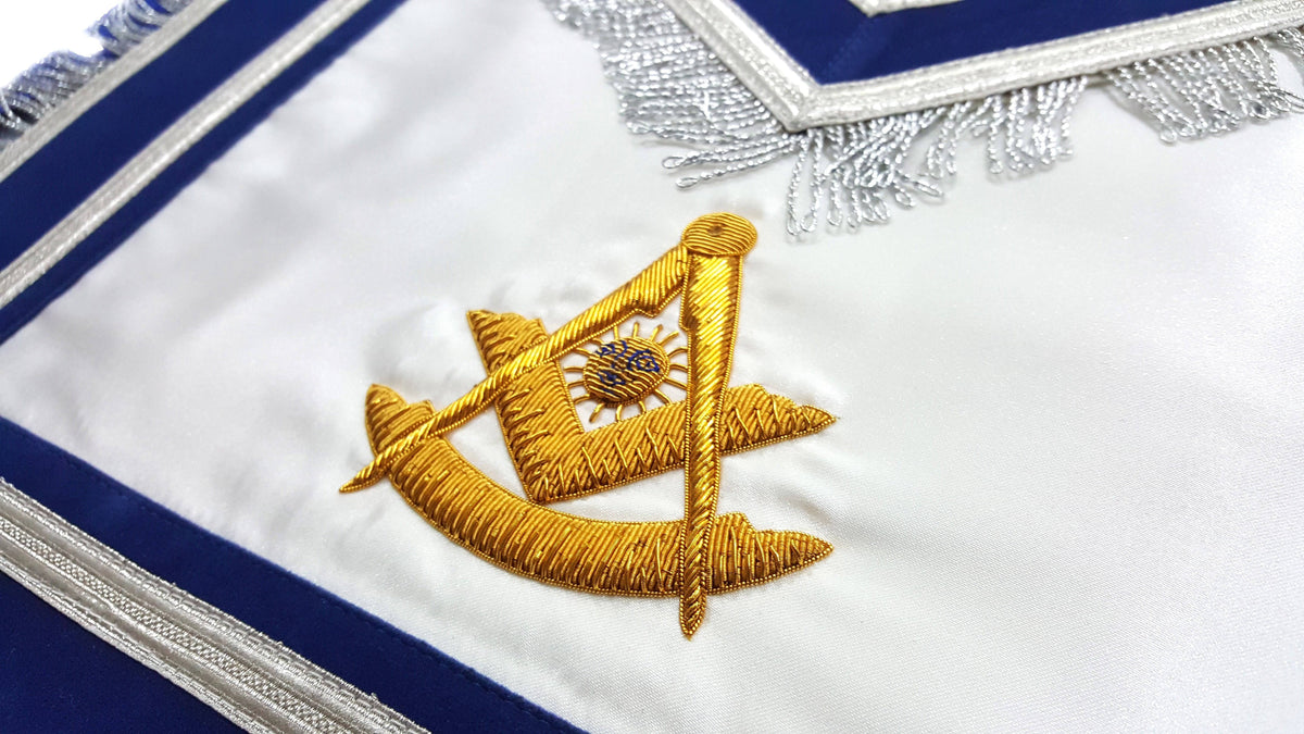 Past Master Blue Lodge Apron – Gold Hand Embroidered with Silver Fringe – detail 2