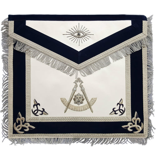 Past Master Blue Lodge Apron – Silver Bullion Hand Embroidery with Fringe – product view