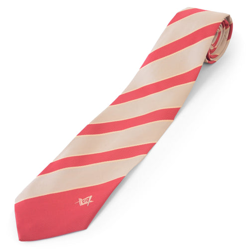 Master Mason Blue Lodge Necktie – Pink & Beige Machine Embroidery – detail view