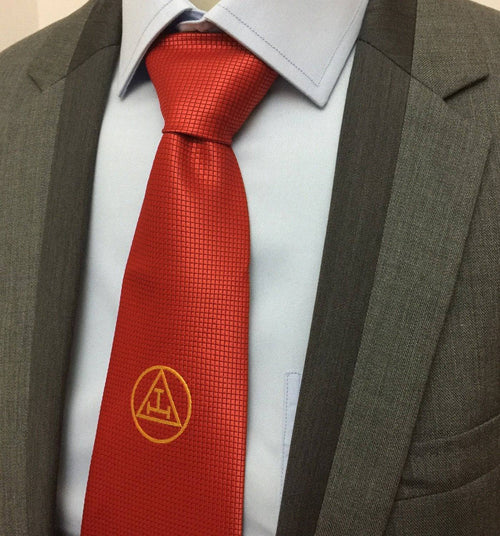 Royal Arch Chapter Necktie – Red Silk Gold Embroidered Logo – detail view