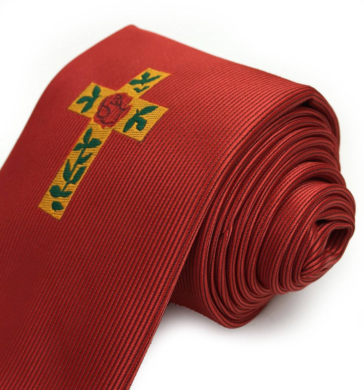Scottish Rite Necktie – Red with Rose Croix Logo Machine Embroidered – detail view