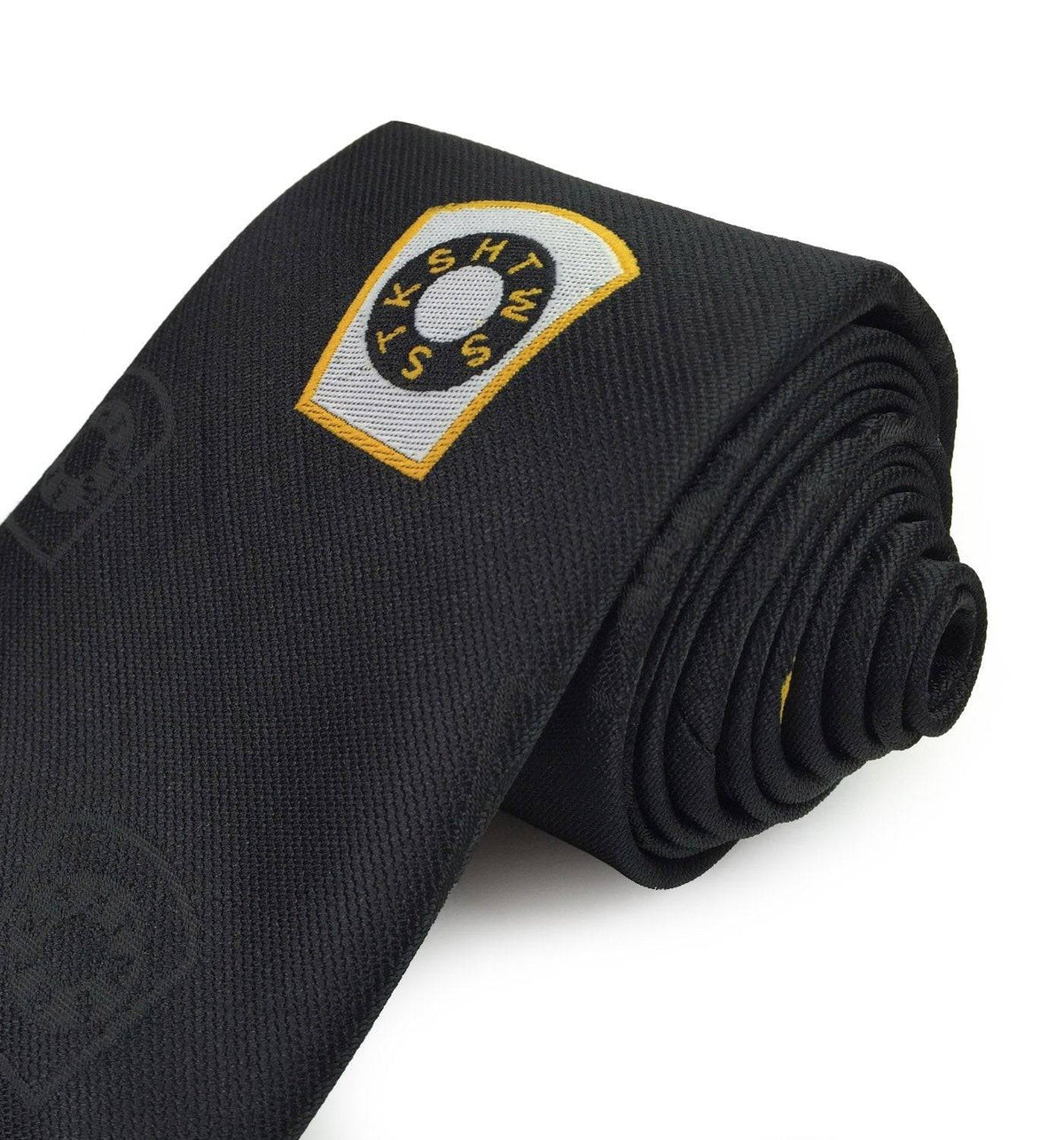 Mark Necktie – Black Silk Logo Print – detail view