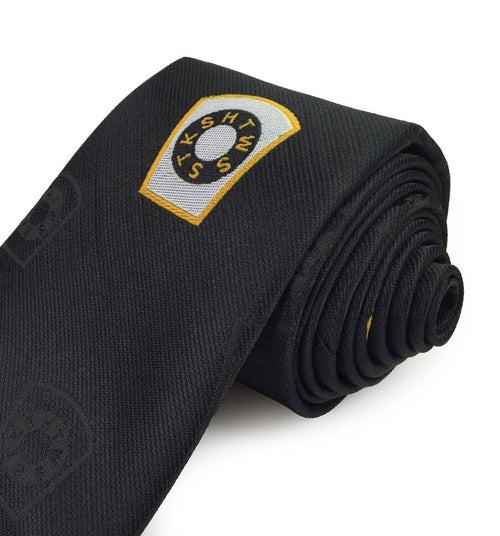 Mark Necktie – Black Silk Logo Print – detail view