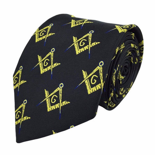 Master Mason Blue Lodge Necktie – Black & Gold Silk Machine Embroidery – product view