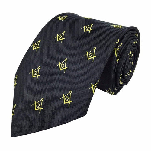 Master Mason Blue Lodge Necktie – Black & Gold Silk Square & Compass G – product view