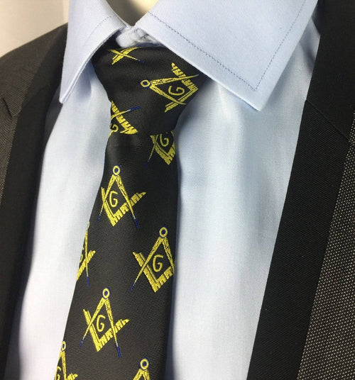 Master Mason Blue Lodge Necktie – Black & Gold Silk Machine Embroidery – detail view