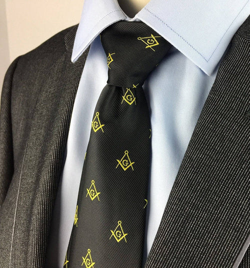 Master Mason Blue Lodge Necktie – Black & Gold Silk Square & Compass G – detail view