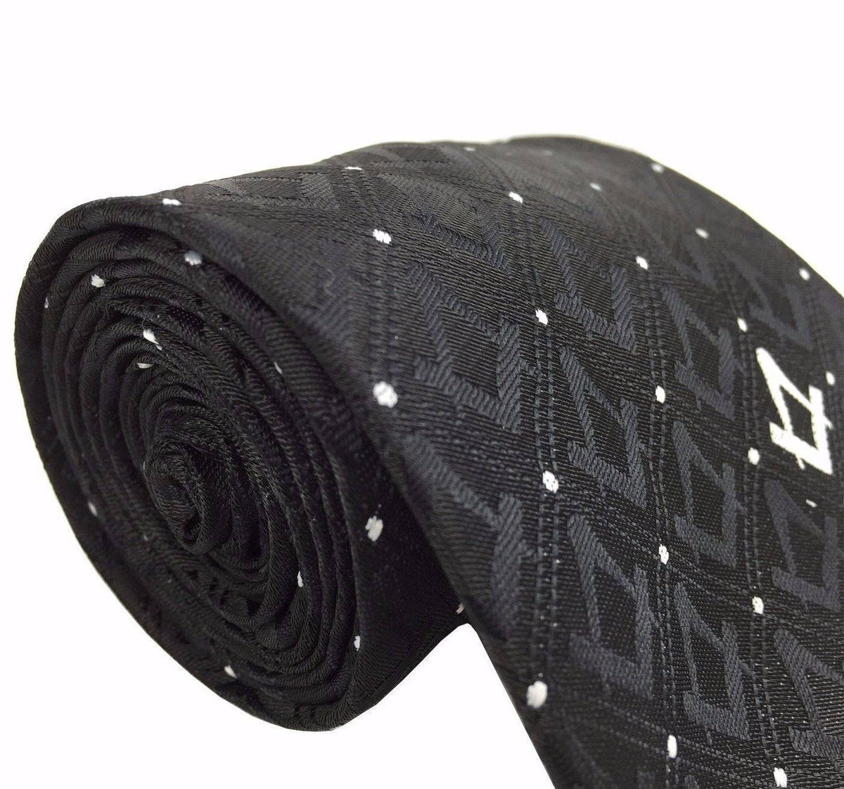 Master Mason Blue Lodge Necktie – Black with Polkadot Machine Embroidery – detail view