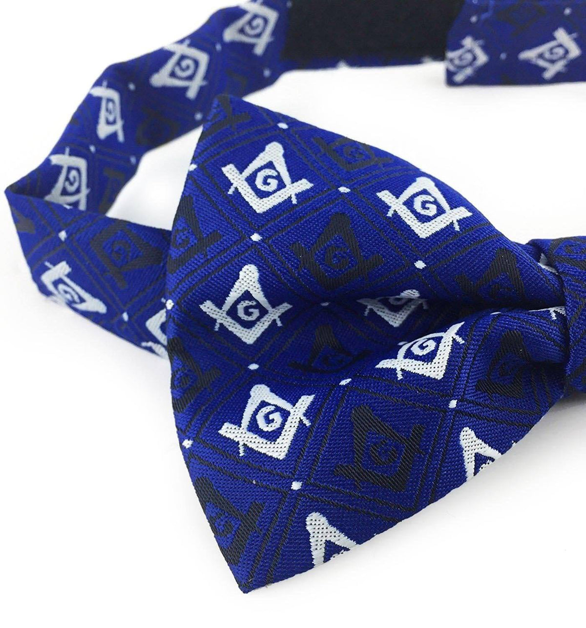 Master Mason Blue Lodge Bow Tie – Blue Silk with Polkadot Square & Compass G – detail view