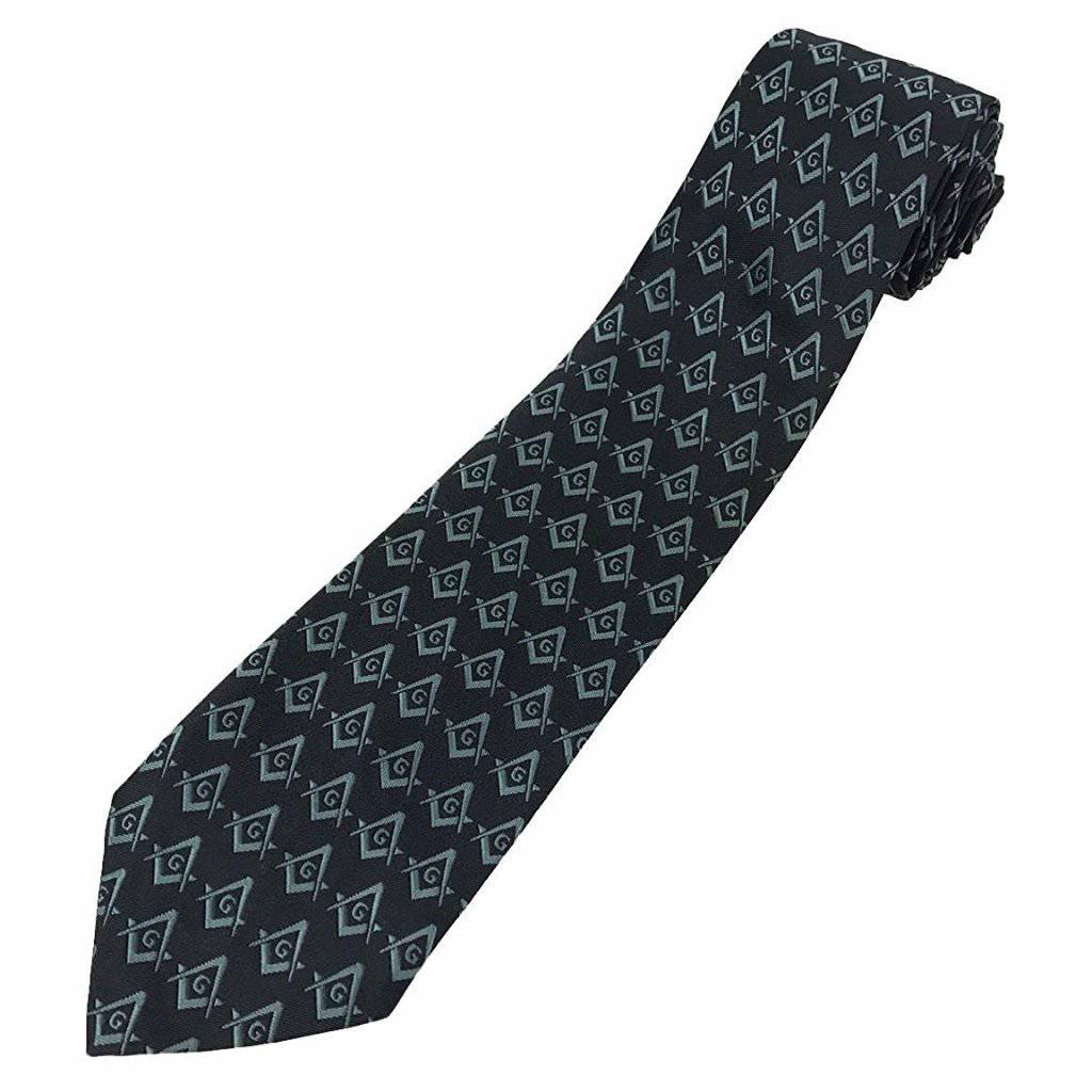 Master Mason Blue Lodge Necktie – Black with Green Square & Compass G – detail view