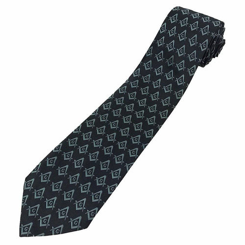 Master Mason Blue Lodge Necktie – Black with Green Square & Compass G – detail view