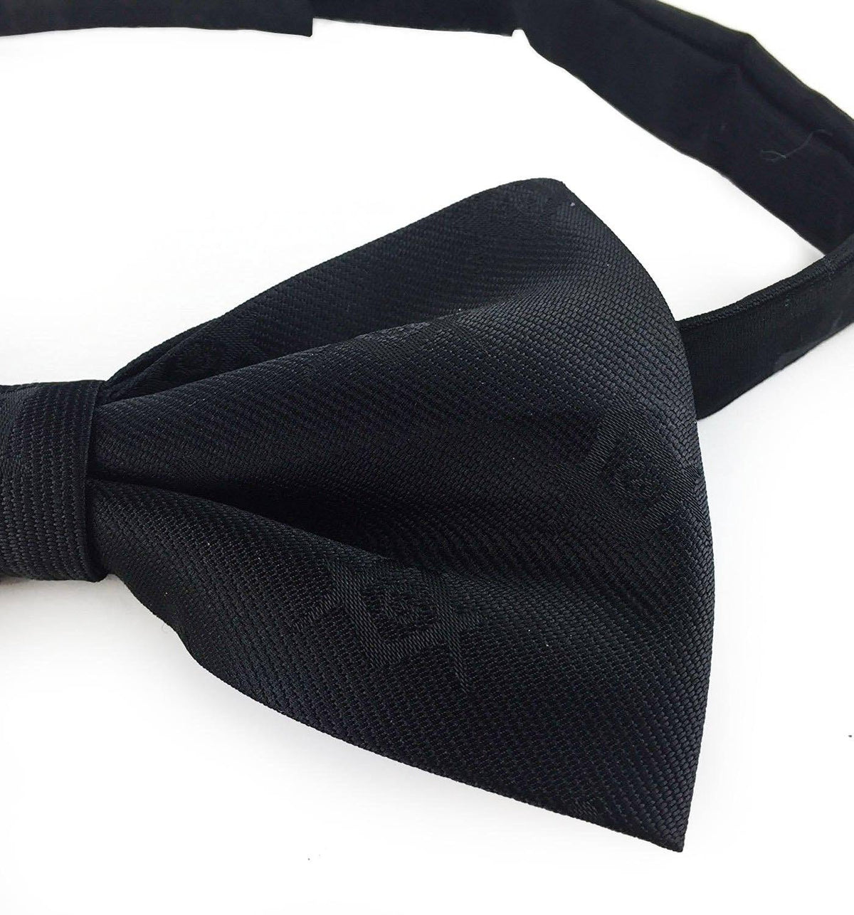 Master Mason Blue Lodge Bow Tie – All Black Silk Square & Compass G – detail view