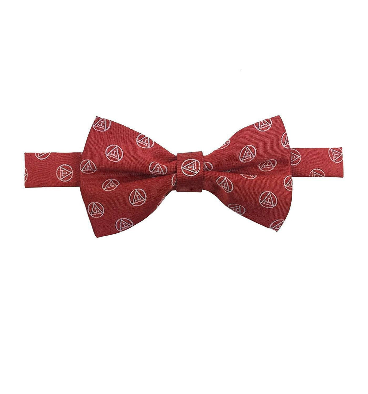 Royal Arch Chapter Bow Tie – Red & White Silk Woven Triple Tau Insignia – detail view
