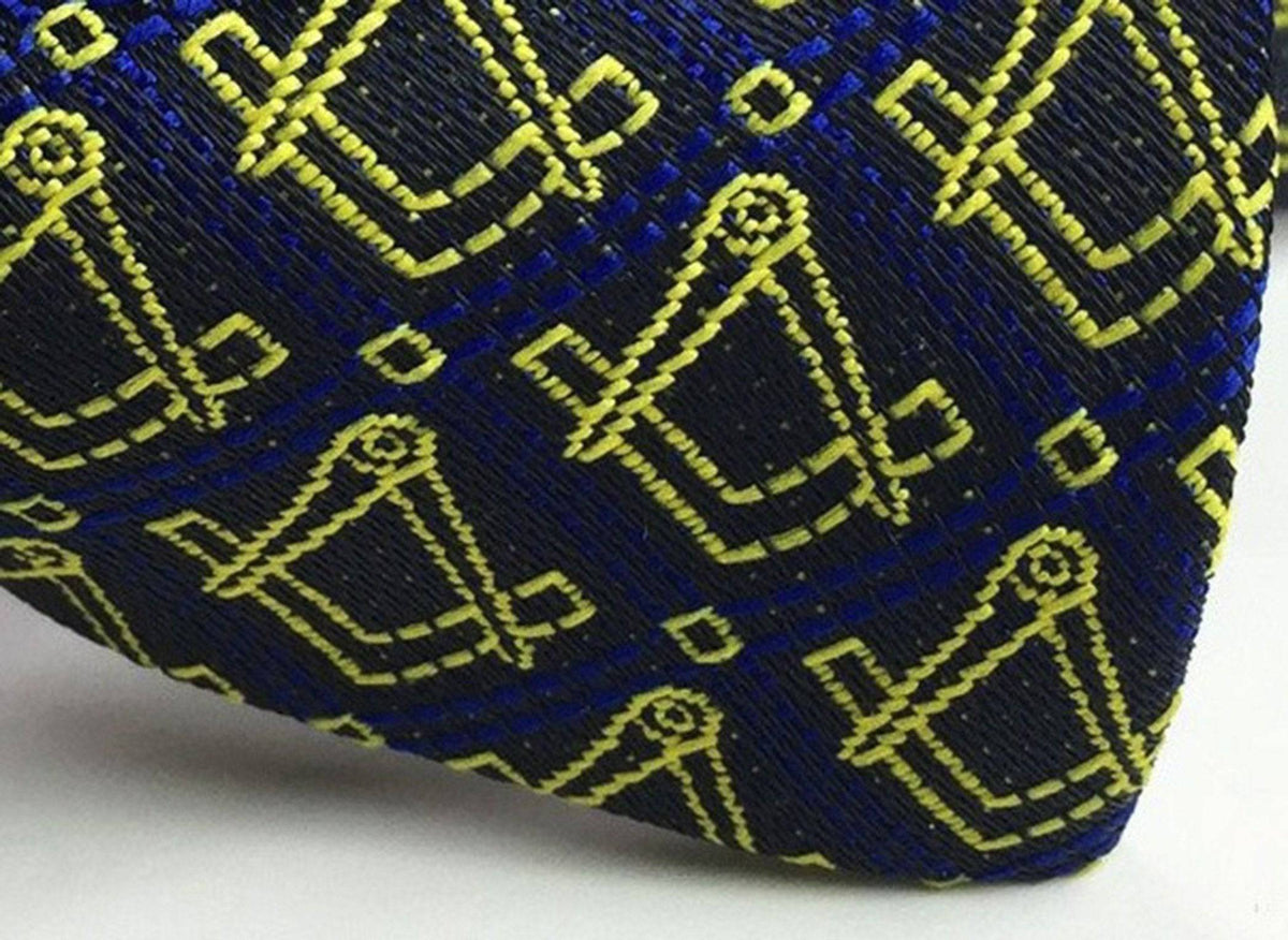 Master Mason Blue Lodge Bow Tie – Blue & Gold Silk Square & Compass – detail view