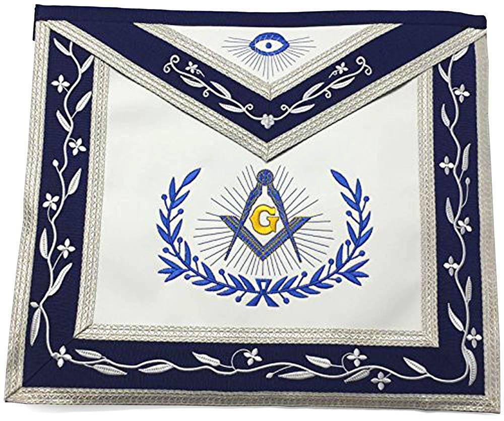 Master Mason Blue Lodge Apron – Navy Blue & White with Silver Braids – detail view
