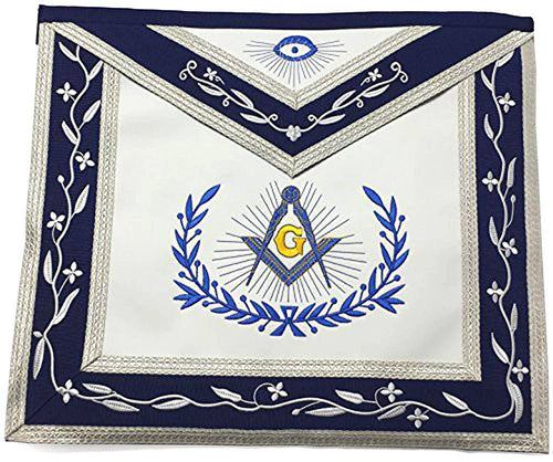 Master Mason Blue Lodge Apron – Navy Blue & White with Silver Braids – detail view