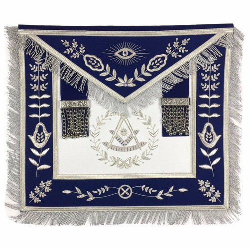 Past Master Blue Lodge Apron – Royal Blue Velvet with Silver Fringe – product view