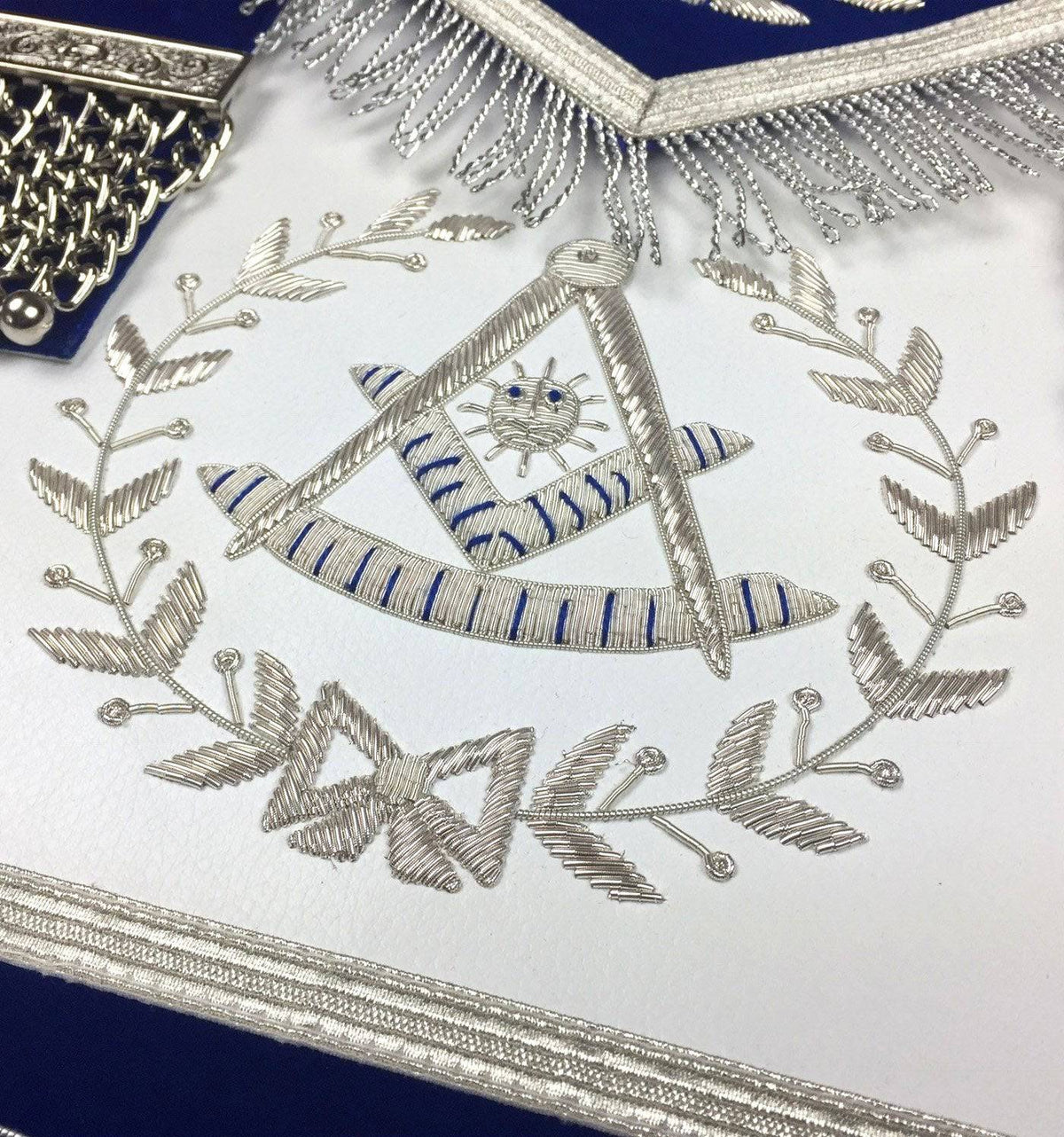 Past Master Blue Lodge Apron – Royal Blue Velvet with Silver Fringe – detail view