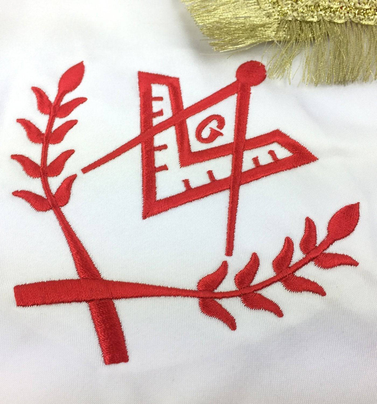 Master Mason Blue Lodge Regalia Set – Red & White Satin – detail view
