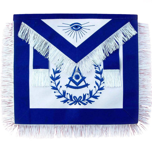 Past Master Blue Lodge Apron – Royal Blue with Wreath & White Fringe Tassels – product view