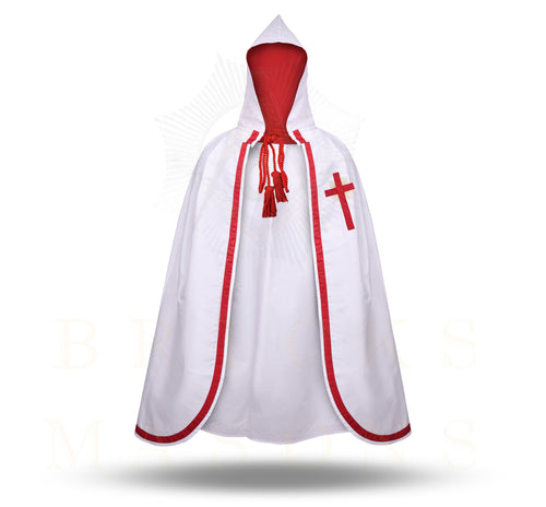 English Knights Templar Mantle – White With Red Ribbon & Cross – detail view