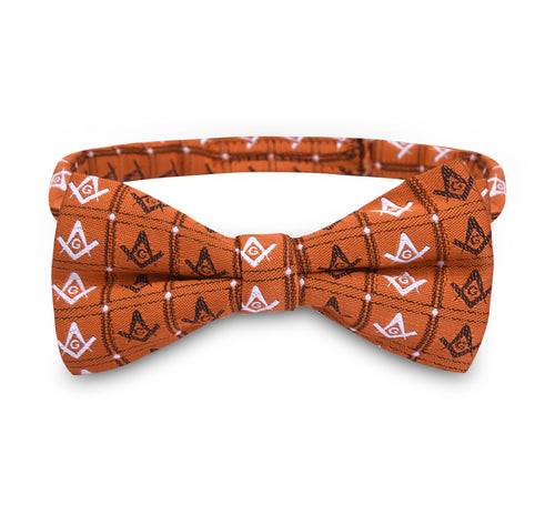 Master Mason Blue Lodge Bow Tie – Orange Square & Compass G Pattern – detail view