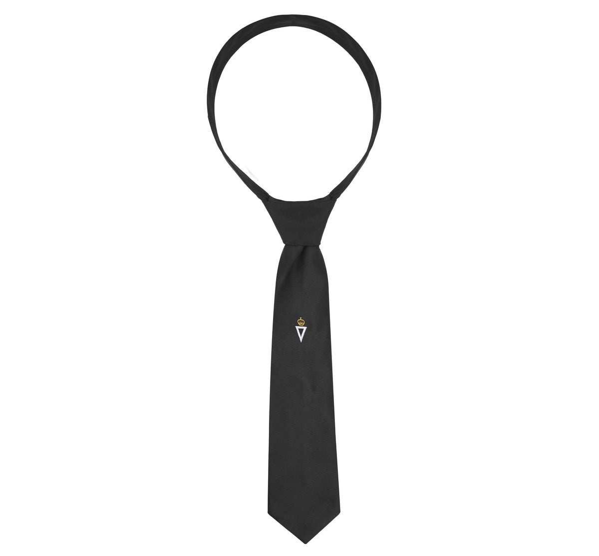 Royal & Select Masters Necktie – Black with Hand Threaded Silk Emblem – detail view