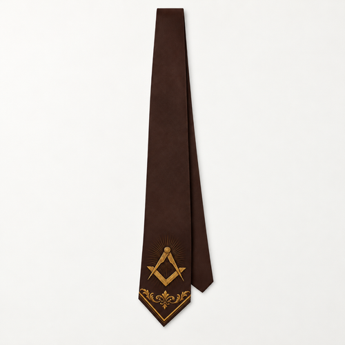 Master Mason Blue Lodge Necktie – Brown Premium Satin With Gold Square & Compass – detail view