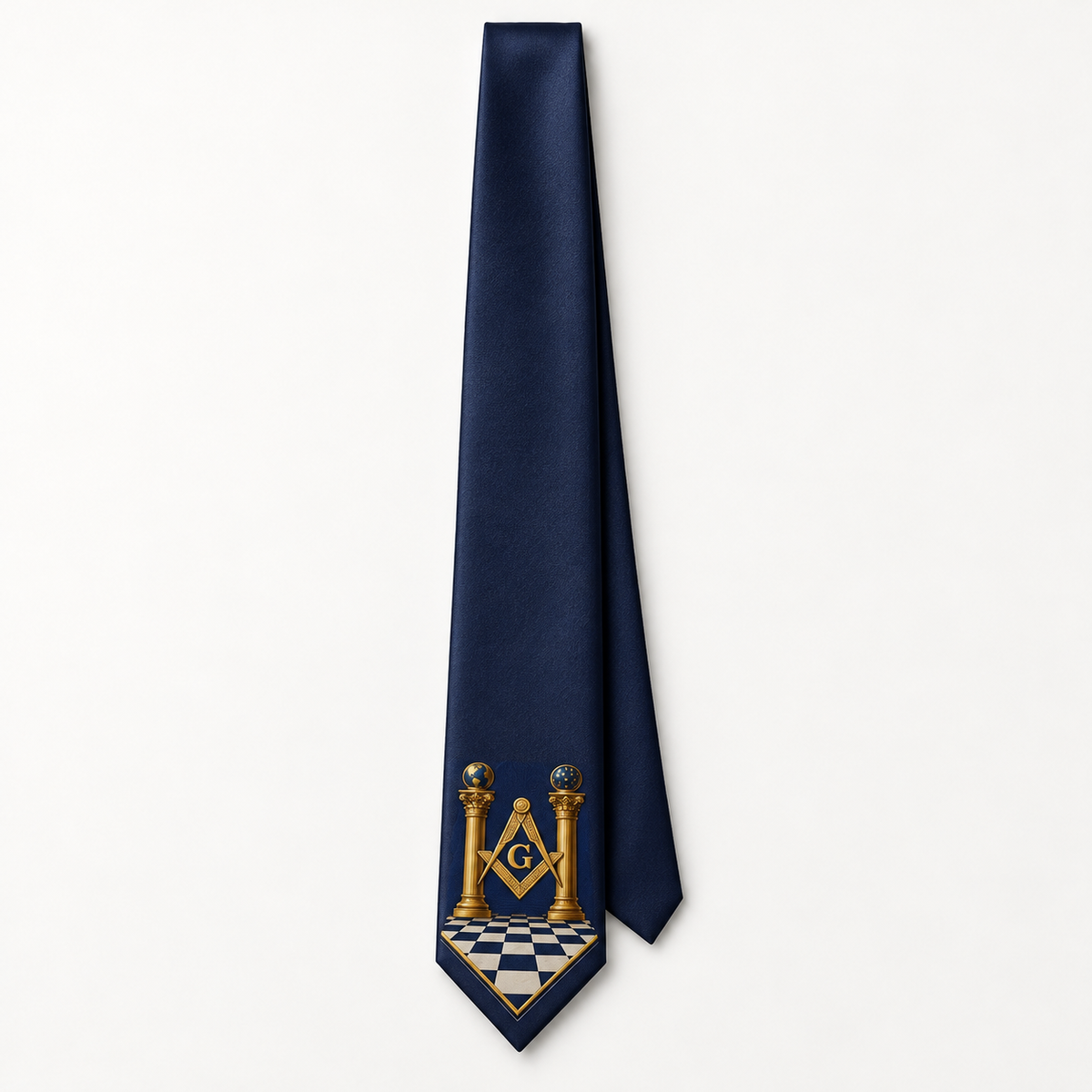 Master Mason Blue Lodge Necktie – Navy Blue Premium Satin Gold S&C With Checkered Floor – detail view