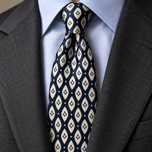 Master Mason Blue Lodge Necktie – Premium Satin Navy Blue & Cream S&C Pattern – product view