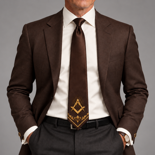 Master Mason Blue Lodge Necktie – Brown Premium Satin With Gold Square & Compass – product view