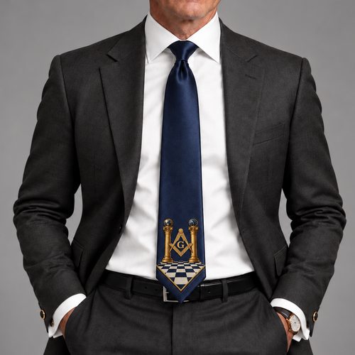Master Mason Blue Lodge Necktie – Navy Blue Premium Satin Gold S&C With Checkered Floor – product view