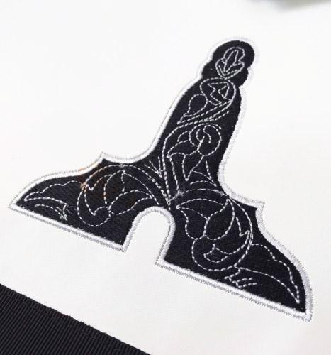 Officers Blue Lodge Funeral Apron – Moire Ribbon Machine Embroidery – detail view