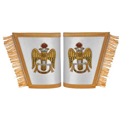 33rd Degree Scottish Rite Cuff – White Silk with Hand Embroidery Gold Bullion – product view