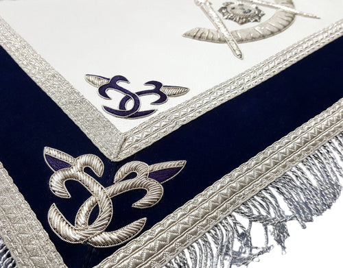 Riaz Impex Masonic Aprons Past Master Blue Lodge Apron – Silver Bullion Hand Embroidery with Fringe