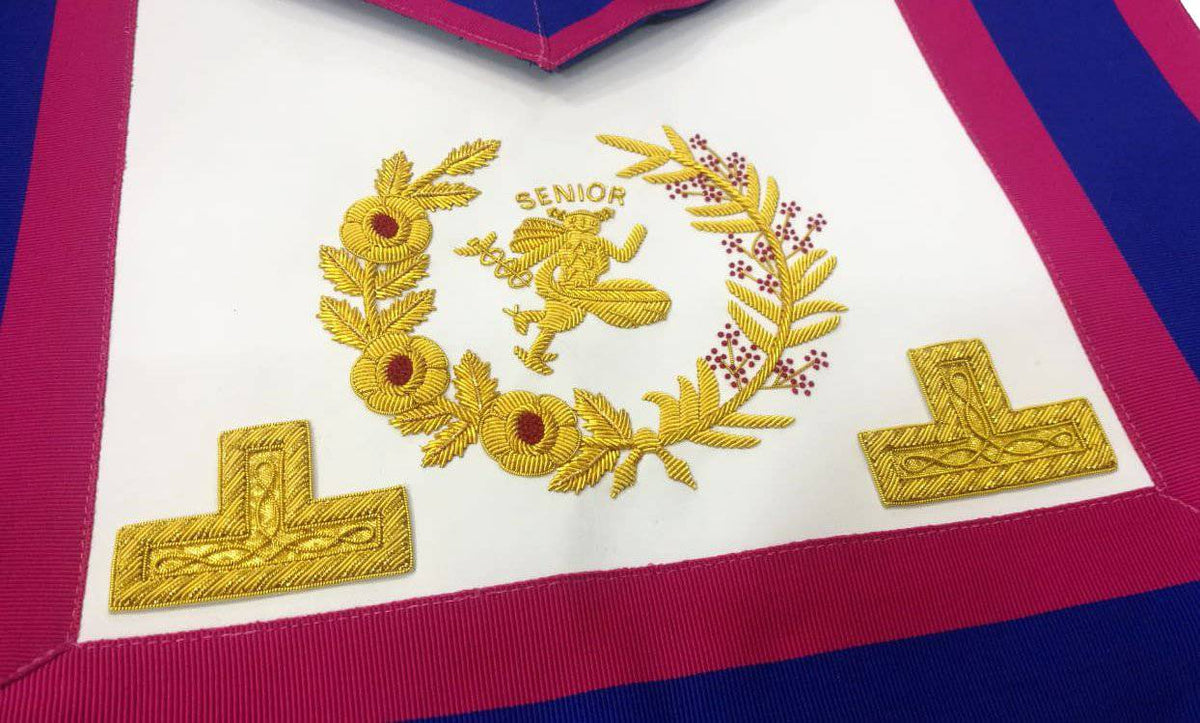 Riaz Impex Masonic Aprons Senior Deacon Mark Apron – Blue & Pink with Gold Hermes Emblem