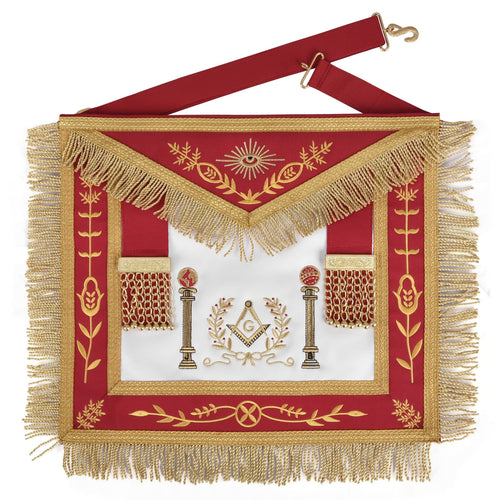 Riaz Impex Masonic Aprons Synthetic Master Mason Blue Lodge Apron – Red & Gold With Wreath & Pillars