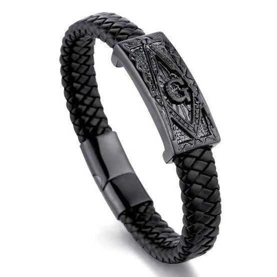 Riaz Impex Masonic Bracelets Black Master Mason Braided Leather Bracelet – Metal Emblem
