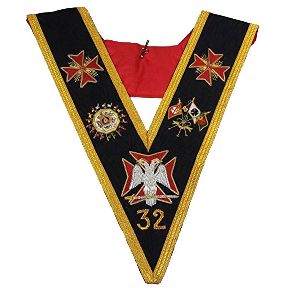 Riaz Impex Masonic Collars 32nd Degree Scottish Rite Collar – Black with Gold and Silver Heavy Embroidery