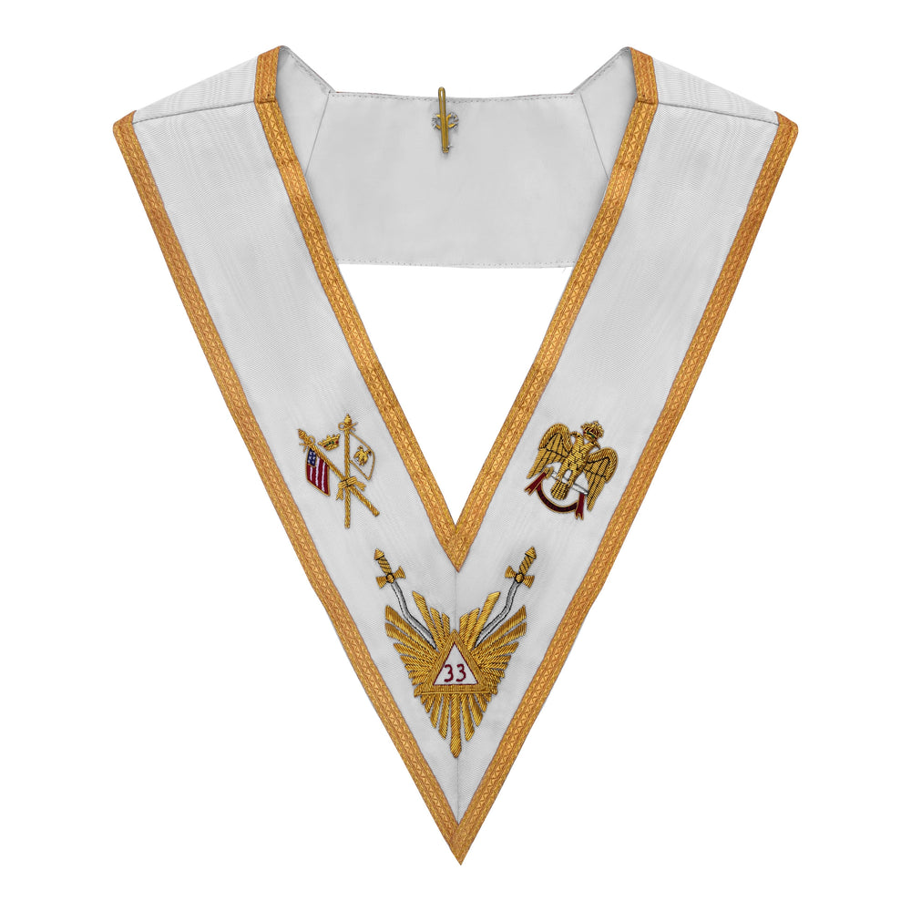 Riaz Impex Masonic Collars 33rd Degree Scottish Rite Collar – White Ribbon with Gold Bullion Embroidery