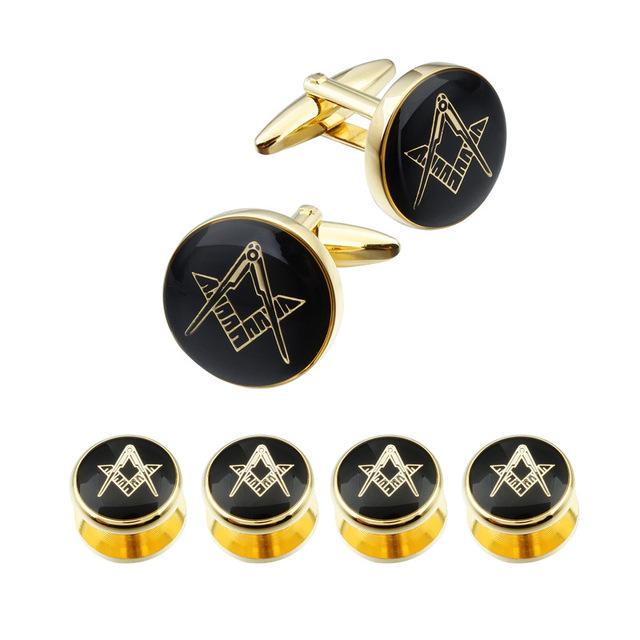 Riaz Impex Masonic Cufflinks & Studs 4 Studs – Gold Tone Masonic Cufflinks & Shirt Studs – Black Round Faces