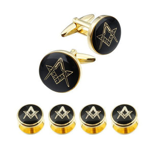 Riaz Impex Masonic Cufflinks & Studs 4 Studs – Gold Tone Masonic Cufflinks & Shirt Studs – Black Round Faces