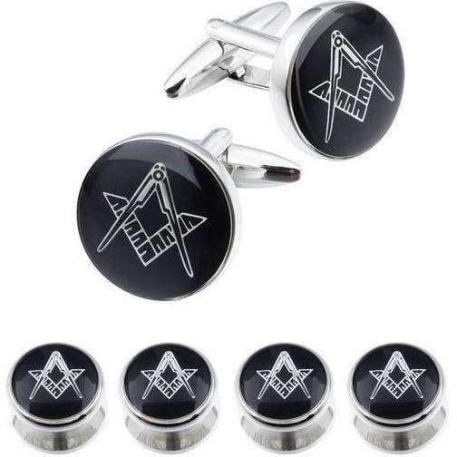 Riaz Impex Masonic Cufflinks & Studs 4 Studs – Silver Tone Masonic Cufflinks & Shirt Studs – Black Round Faces