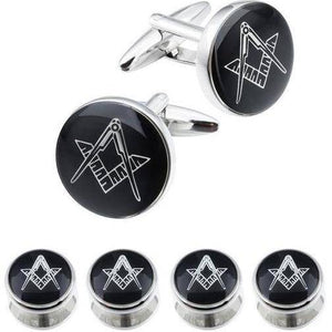 Riaz Impex Masonic Cufflinks & Studs 4 Studs – Silver Tone Masonic Cufflinks & Shirt Studs – Black Round Faces