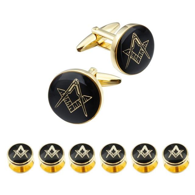 Riaz Impex Masonic Cufflinks & Studs 6 Studs – Gold Tone Masonic Cufflinks & Shirt Studs – Black Round Faces