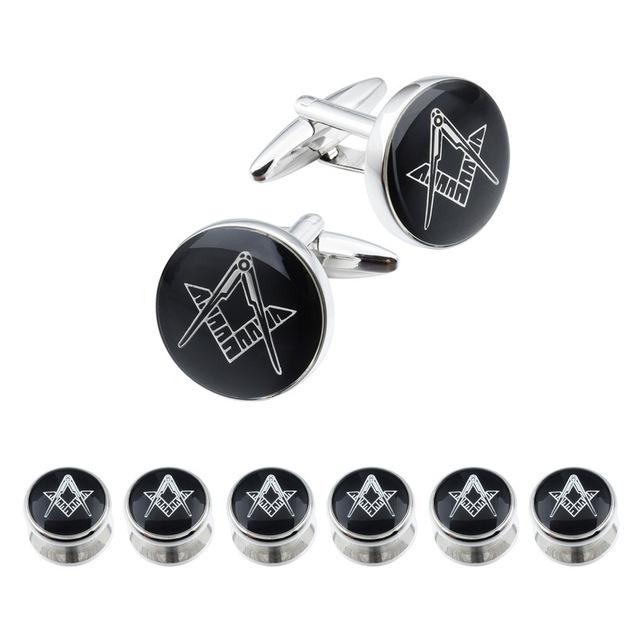Riaz Impex Masonic Cufflinks & Studs 6 Studs – Silver Tone Masonic Cufflinks & Shirt Studs – Black Round Faces